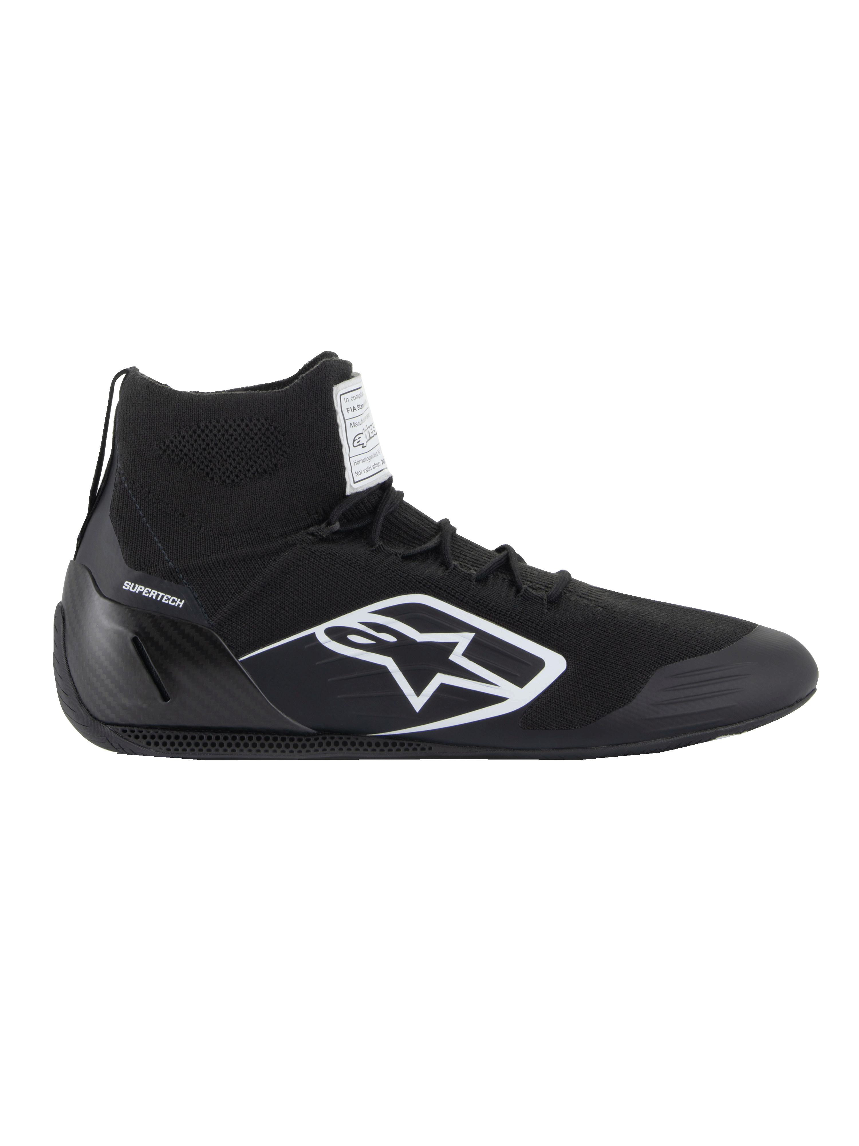 Alpinestars Supertech Shoes, FIA/SFI Certified Auto Racing Shoes, Black with white Alpinestars star logo, high-top design featuring a knitted upper and carbon fiber heel cup, professional motorsport footwear