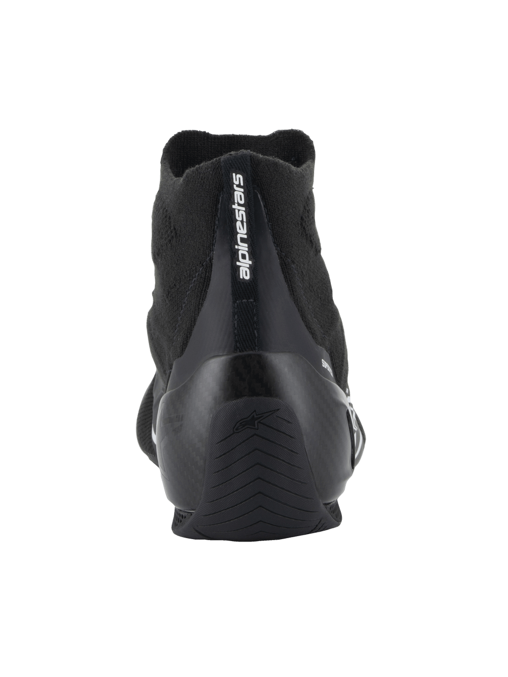 Alpinestars Supertech Shoes - FIA/SFI, Auto Racing Shoes, Black, Rear view featuring carbon fiber heel cup and knitted upper, vertical Alpinestars branding on heel, professional motorsport gear