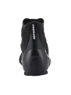 Alpinestars Supertech Shoes - FIA/SFI, Auto Racing Shoes, Black, Rear view featuring carbon fiber heel cup and knitted upper, vertical Alpinestars branding on heel, professional motorsport gear