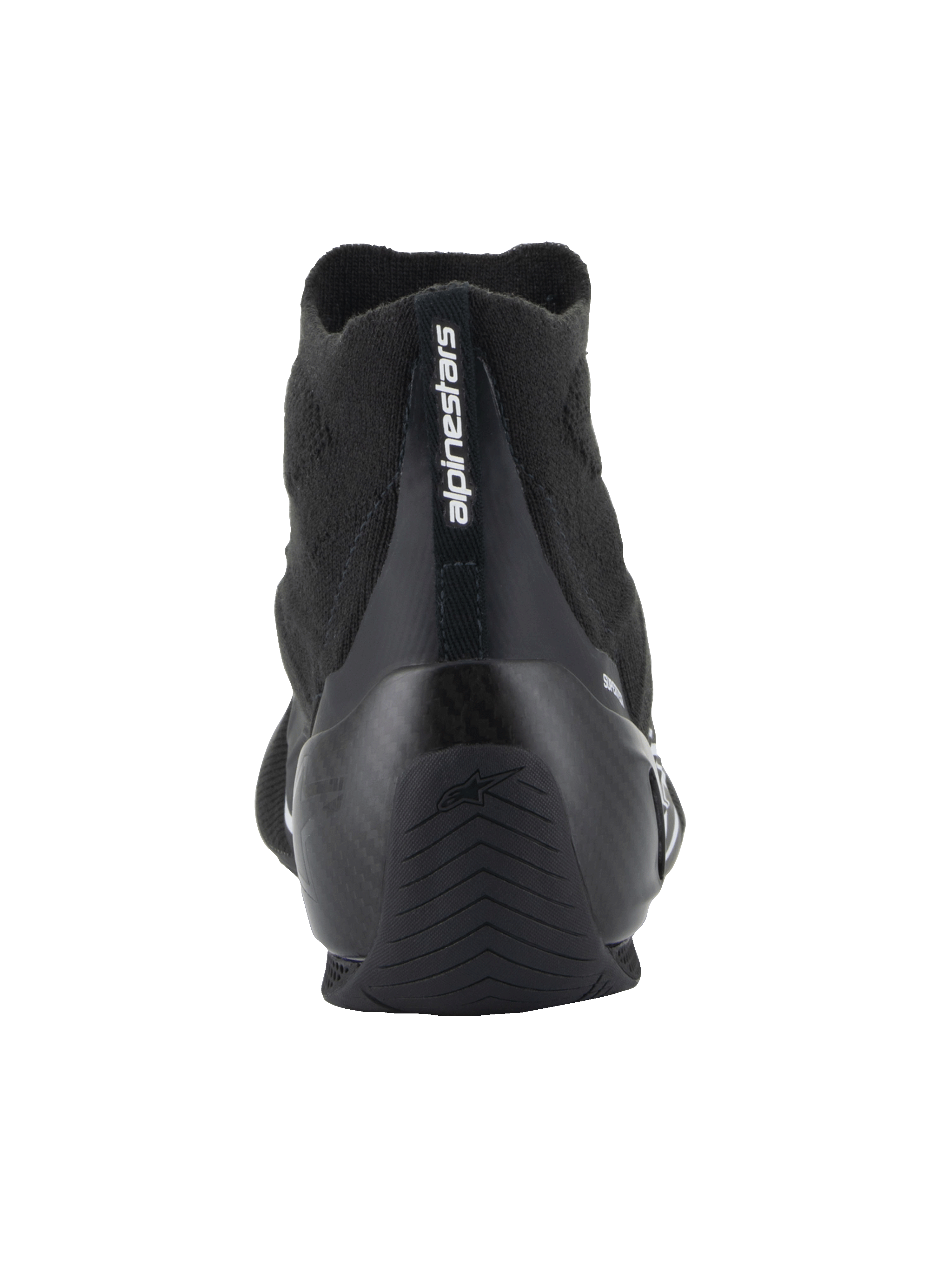 Alpinestars Supertech Shoes - FIA/SFI, Auto Racing Shoes, Black, Rear view featuring carbon fiber heel cup and knitted upper, vertical Alpinestars branding on heel, professional motorsport gear