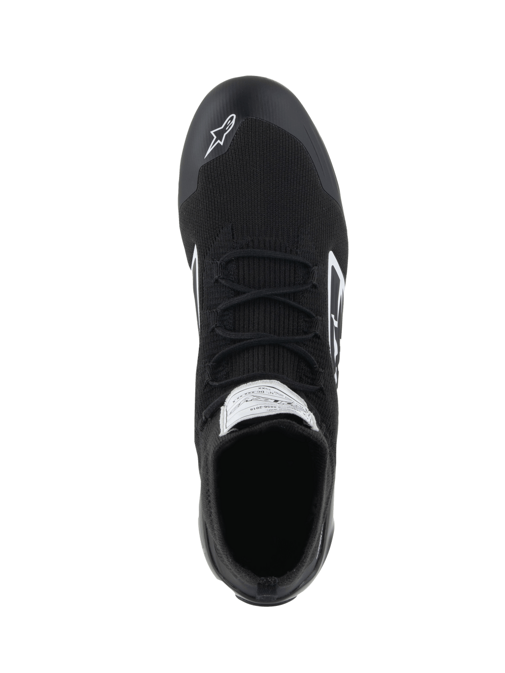 Alpinestars Supertech Shoes - FIA/SFI, Auto Racing Shoes, Black, top-down view showing the fully knitted aramidic upper, flat laces, and white Alpinestars logo on the toe, professional motorsport footwear