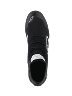 Alpinestars Supertech Shoes - FIA/SFI, Auto Racing Shoes, Black, top-down view showing the fully knitted aramidic upper, flat laces, and white Alpinestars logo on the toe, professional motorsport footwear