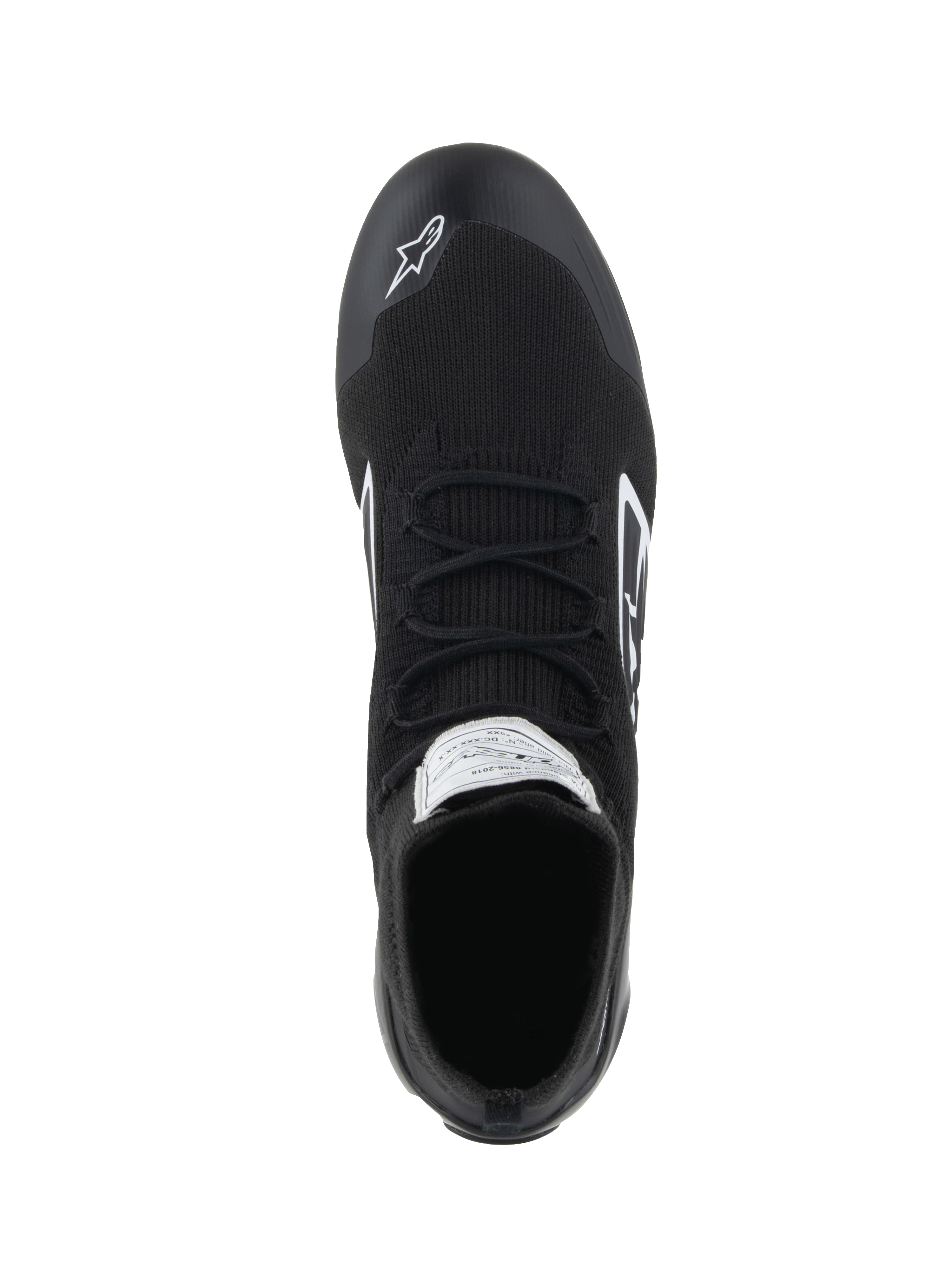 Alpinestars Supertech Shoes - FIA/SFI, Auto Racing Shoes, Black, top-down view showing the fully knitted aramidic upper, flat laces, and white Alpinestars logo on the toe, professional motorsport footwear