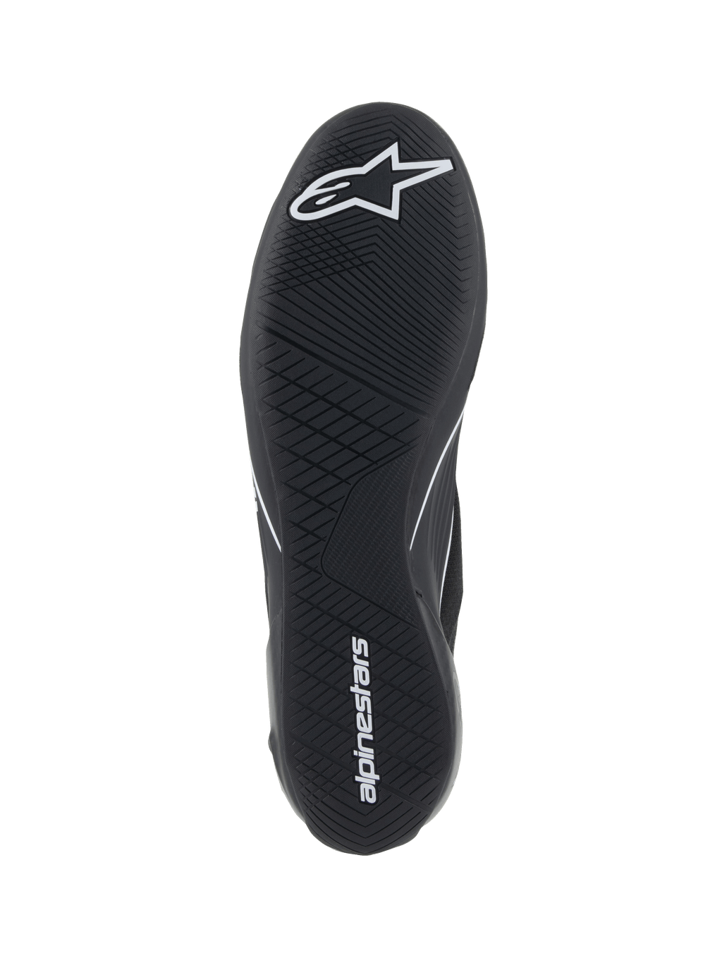 Alpinestars Supertech Shoes, Auto Racing Shoes, Black, bottom view of the ultra-thin rubber outsole with white star logo and alpinestars wordmark, featuring an asymmetric tread pattern for pedal sensitivity and grip