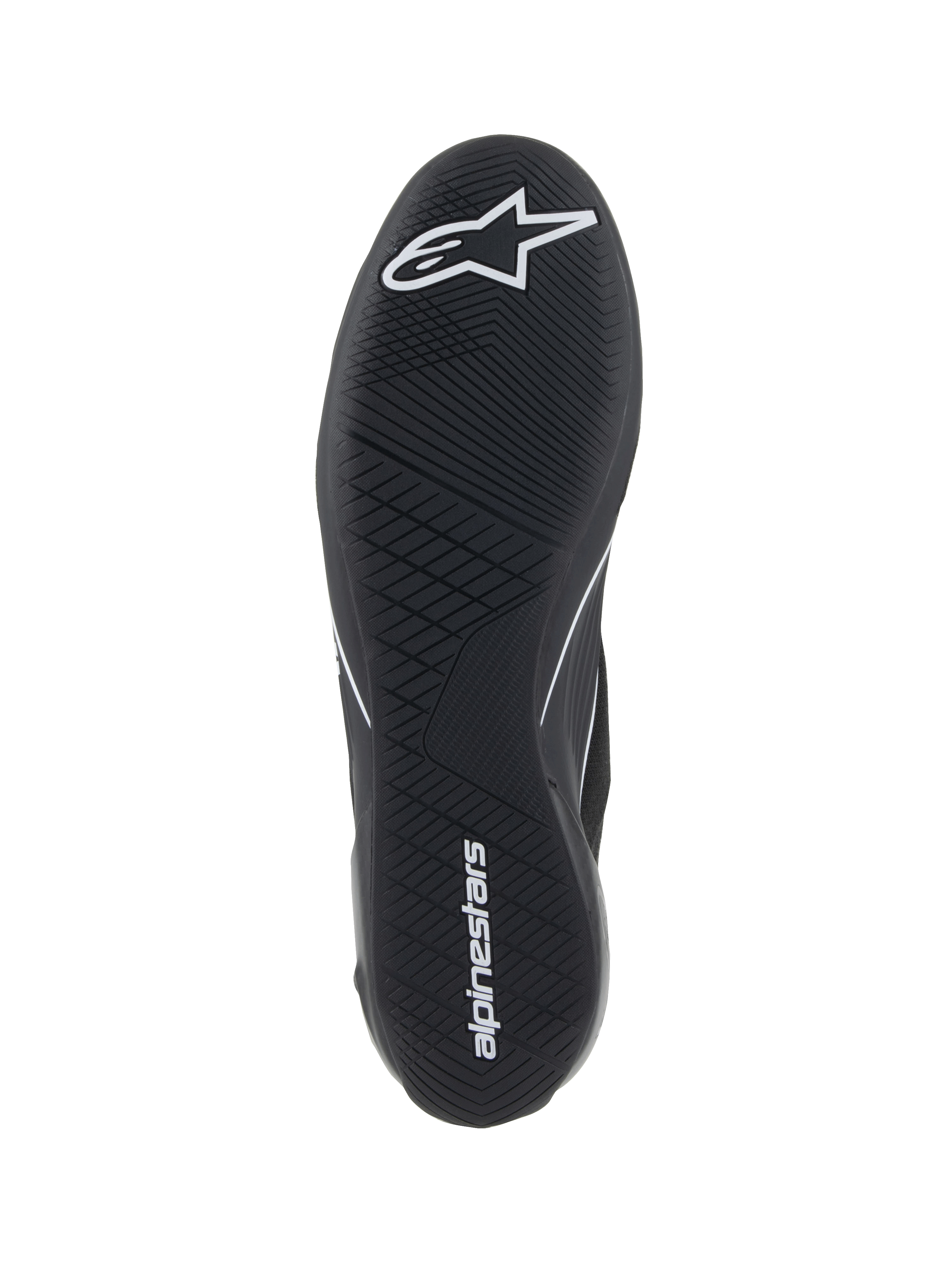 Alpinestars Supertech Shoes, Auto Racing Shoes, Black, bottom view of the ultra-thin rubber outsole with white star logo and alpinestars wordmark, featuring an asymmetric tread pattern for pedal sensitivity and grip