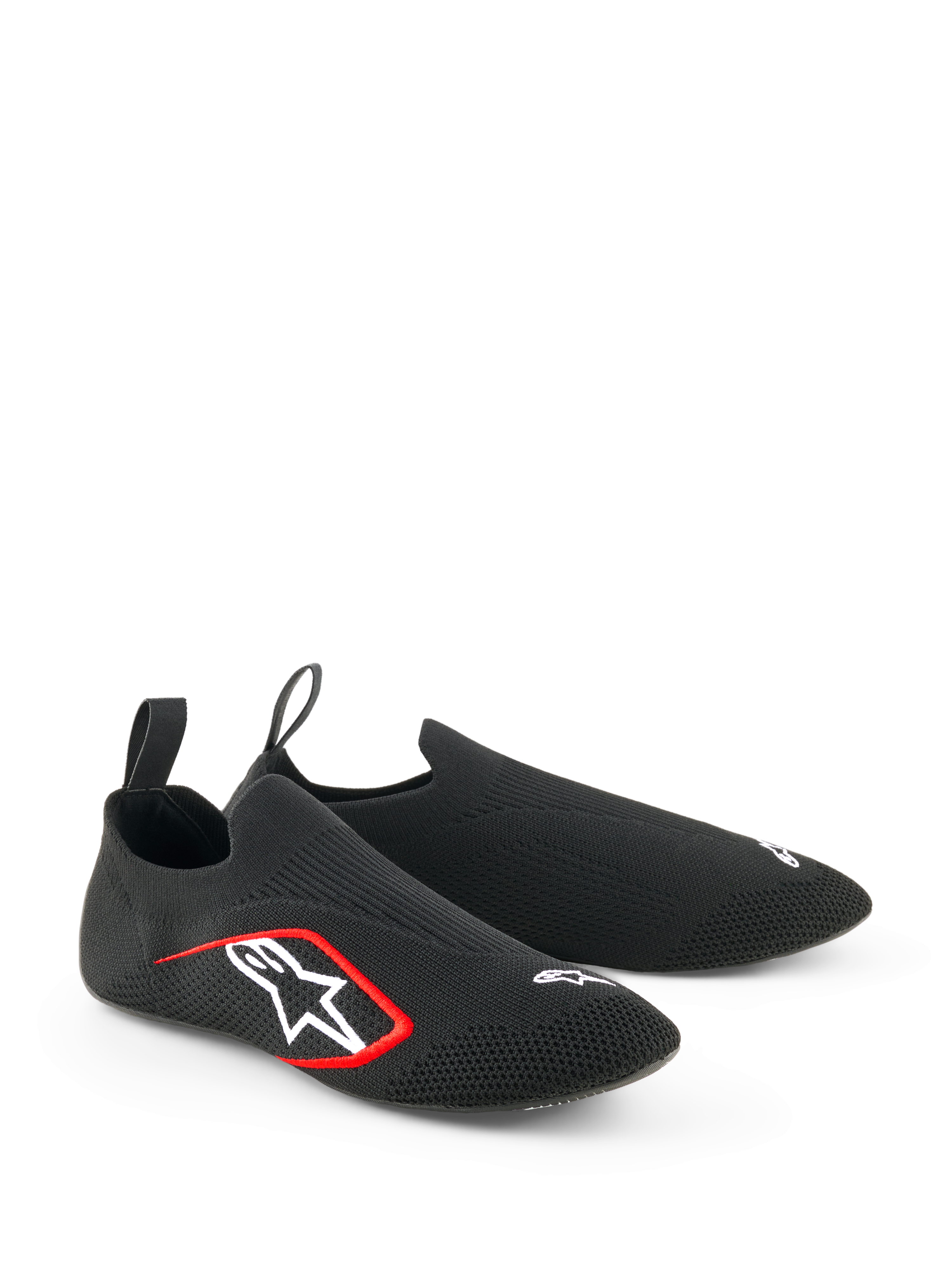 Alpinestars Tech Gaming Shoes, Sim-Racing Footwear, Black, featuring a seamless knitted stretch upper, white embroidered logo with red accents, low-profile sock-like design with rear pull tabs, optimized for pedal sensitivity
