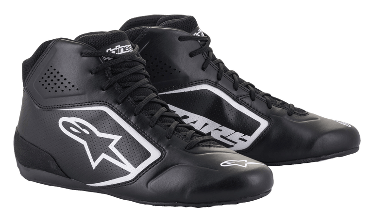Alpinestars Tech-1 K Start V2 Shoes, Karting Racing Shoes, Black with white Alpinestars logo, high-top design featuring perforated microfiber panels and flat racing soles, sleek motorsport-inspired look