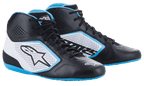Alpinestars Tech-1 K Start V2 Shoes, Karting Shoes, Black White and Light Blue, featuring perforated side panels, Astar logo, and vibrant blue sole accents, mid-cut racing design