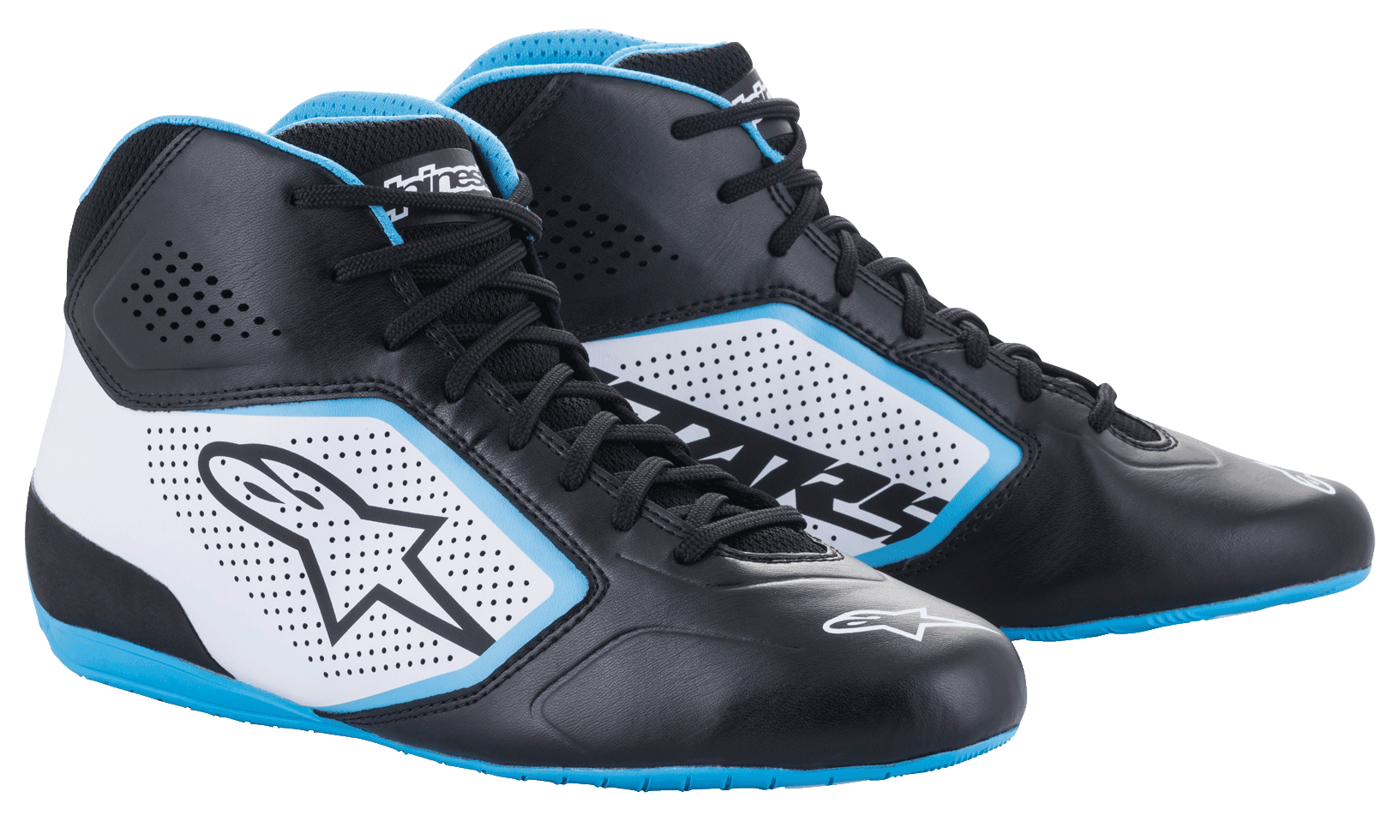 Alpinestars Tech-1 K Start V2 Shoes, Karting Shoes, Black White and Light Blue, featuring perforated side panels, Astar logo, and vibrant blue sole accents, mid-cut racing design