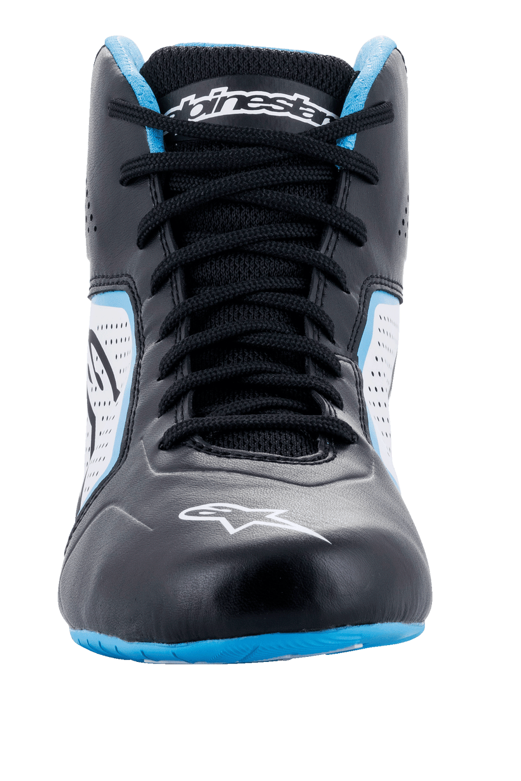 Alpinestars Tech-1 K Start V2 Shoes, Karting Shoes, Black White and Light Blue, front head-on view, featuring black laces, white logo on the toe, and light blue accents on the collar and sole.