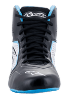 Alpinestars Tech-1 K Start V2 Shoes, Karting Shoes, Black White and Light Blue, front head-on view, featuring black laces, white logo on the toe, and light blue accents on the collar and sole.