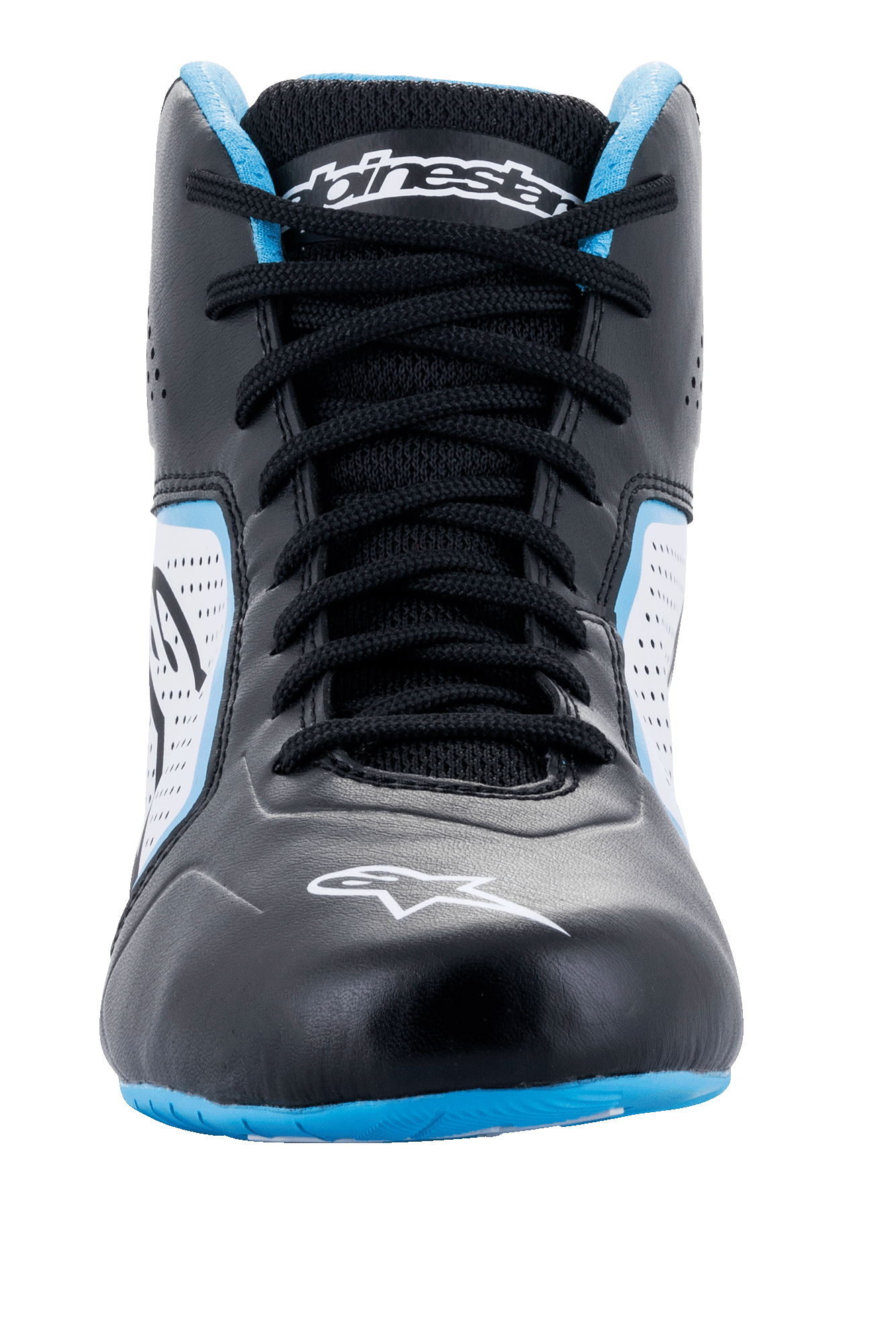 Alpinestars Tech-1 K Start V2 Shoes, Karting Shoes, Black White and Light Blue, front head-on view, featuring black laces, white logo on the toe, and light blue accents on the collar and sole.