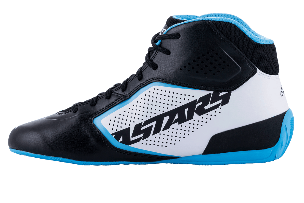 Alpinestars Tech-1 K Start V2 Shoes, Karting Shoes, Black White and Light Blue, side profile view featuring bold ASTARS branding, laser-perforated microfiber panels, and a light blue performance sole.