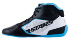 Alpinestars Tech-1 K Start V2 Shoes, Karting Shoes, Black White and Light Blue, side profile view featuring bold ASTARS branding, laser-perforated microfiber panels, and a light blue performance sole.