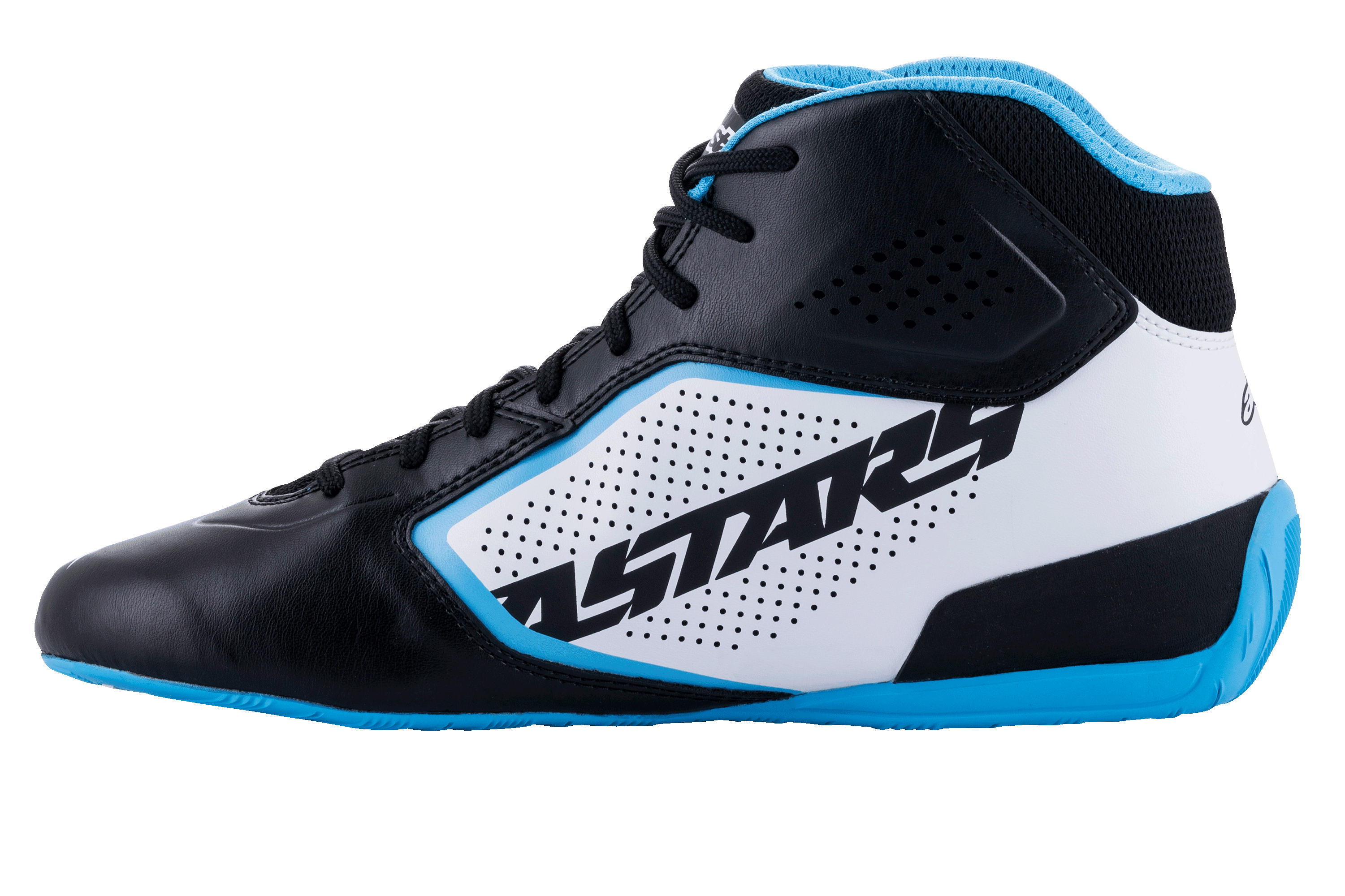Alpinestars Tech-1 K Start V2 Shoes, Karting Shoes, Black White and Light Blue, side profile view featuring bold ASTARS branding, laser-perforated microfiber panels, and a light blue performance sole.