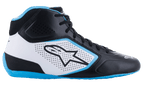 Alpinestars Tech-1 K Start V2 Shoes, Karting Shoes, Black White and Light Blue, side profile view, microfiber upper with laser-cut perforations, prominent Alpinestars logo on the side panel, light blue sole and collar lining