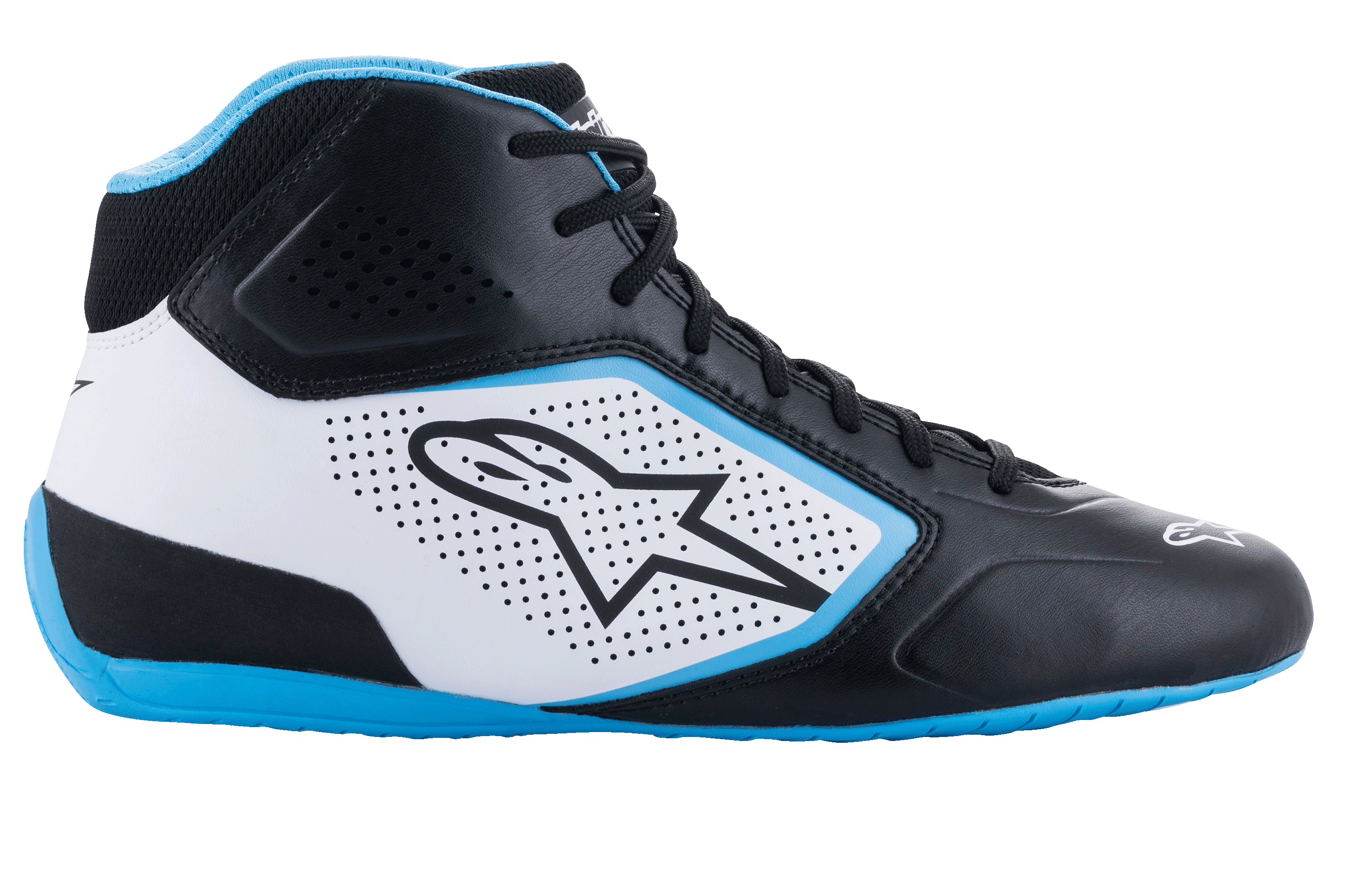 Alpinestars Tech-1 K Start V2 Shoes, Karting Shoes, Black White and Light Blue, side profile view, microfiber upper with laser-cut perforations, prominent Alpinestars logo on the side panel, light blue sole and collar lining