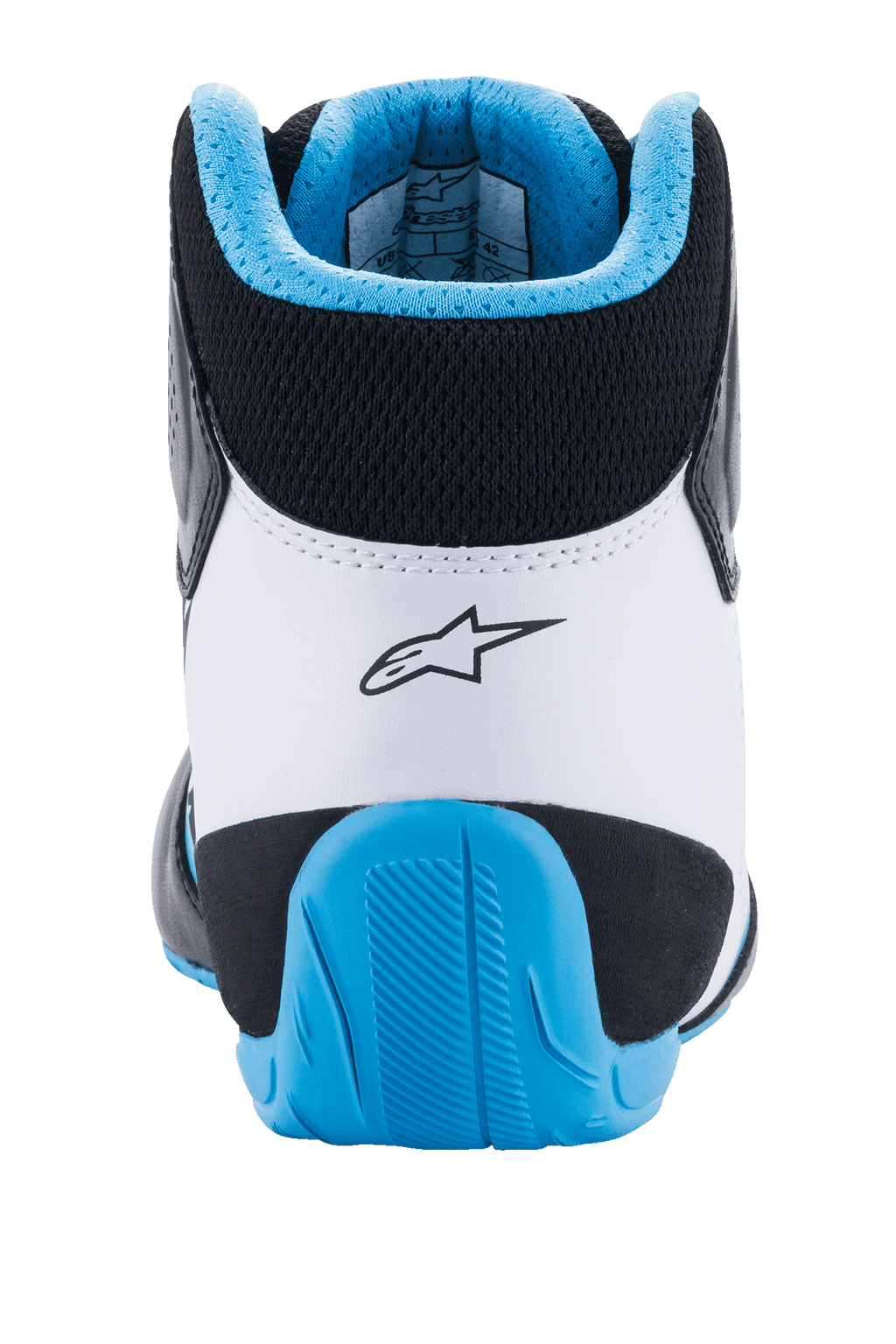 Alpinestars Tech-1 K Start V2 Shoes, Karting Shoes, Black White and Light Blue, rear view highlighting the white microfiber heel with black Astars logo, light blue textured rubber reinforcement, and ergonomic Achilles-friendly collar
