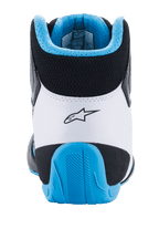 Alpinestars Tech-1 K Start V2 Shoes, Karting Shoes, Black White and Light Blue, rear view highlighting the white microfiber heel with black Astars logo, light blue textured rubber reinforcement, and ergonomic Achilles-friendly collar