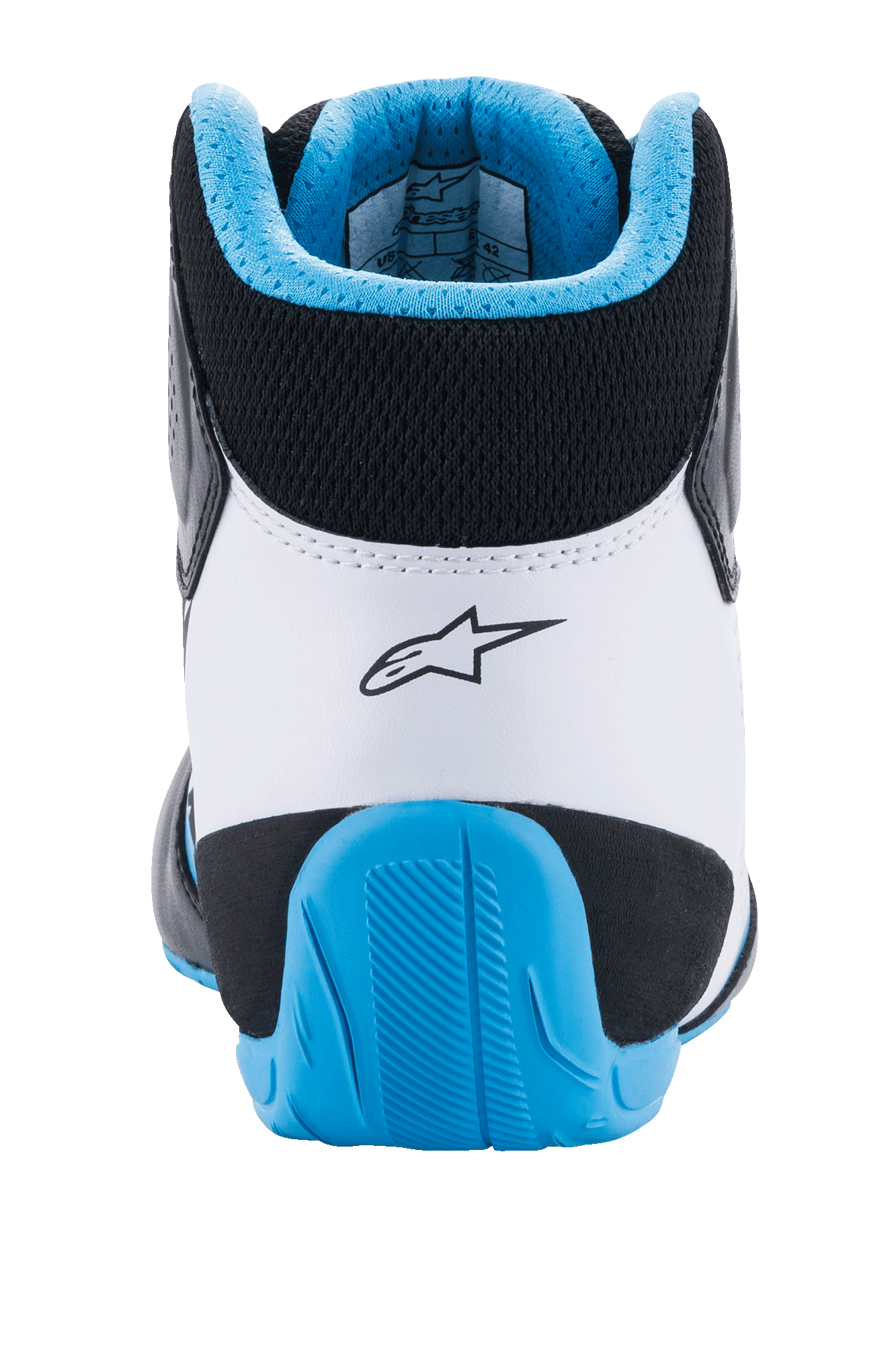 Alpinestars Tech-1 K Start V2 Shoes, Karting Shoes, Black White and Light Blue, rear view highlighting the white microfiber heel with black Astars logo, light blue textured rubber reinforcement, and ergonomic Achilles-friendly collar