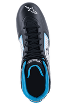 Alpinestars Tech-1 K Start V2 Shoes, Karting Shoes, Black White and Light Blue, top-down view showing black laces, vibrant blue mesh collar lining, white perforated side panels, and Alpinestars logo on the toe, durable microfiber construction for karting