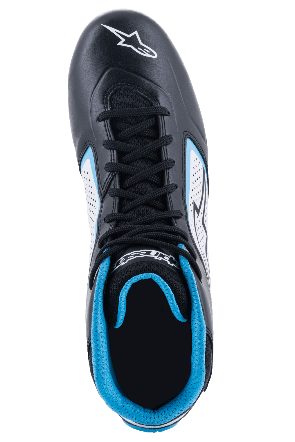 Alpinestars Tech-1 K Start V2 Shoes, Karting Shoes, Black White and Light Blue, top-down view showing black laces, vibrant blue mesh collar lining, white perforated side panels, and Alpinestars logo on the toe, durable microfiber construction for karting