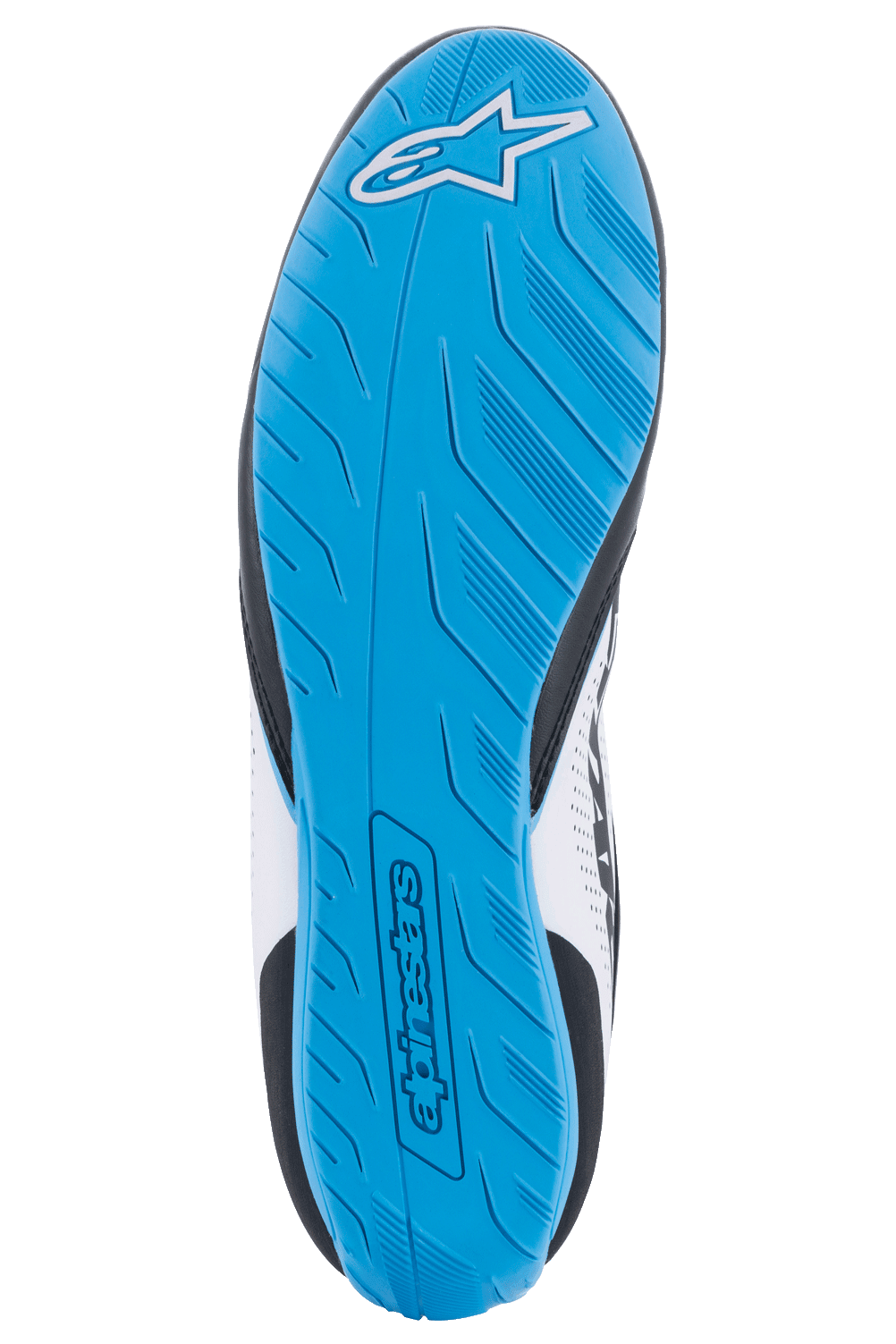 Alpinestars Tech-1 K Start V2 Shoes, Karting Shoes, Black White and Light Blue, bottom view showing the textured light blue rubber sole with white Astar logo and debossed branding, designed for grip and pedal feel.