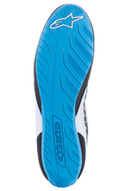 Alpinestars Tech-1 K Start V2 Shoes, Karting Shoes, Black White and Light Blue, bottom view showing the textured light blue rubber sole with white Astar logo and debossed branding, designed for grip and pedal feel.