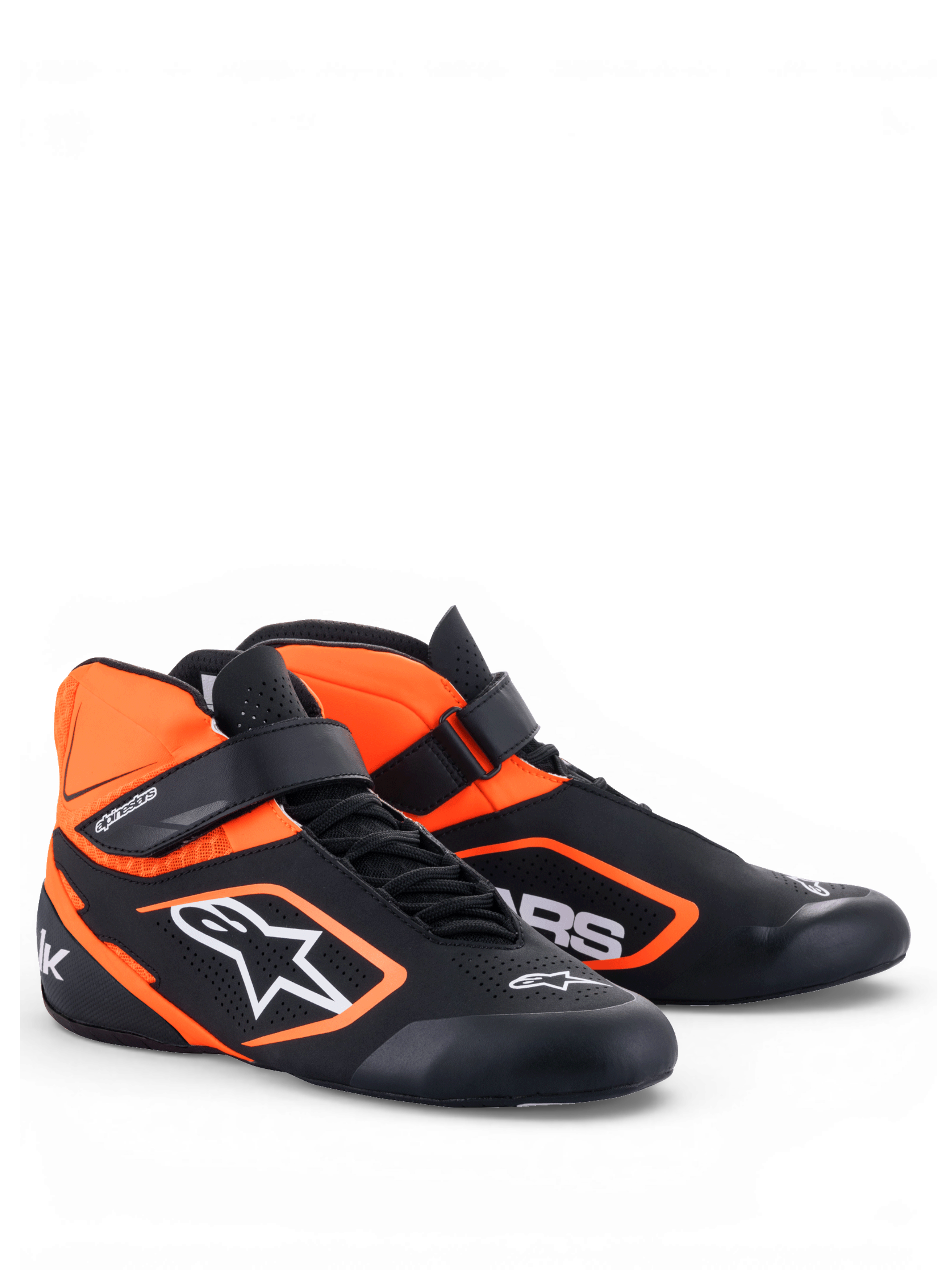 Alpinestars Tech-1 K V2 Shoes, Karting Racing Shoes, Black and Orange Fluo, Youth and Adult, featuring breathable perforated microfiber upper, dual asymmetric closure system, and ultra-thin Formula 1 specification sole for maximum pedal feel.
