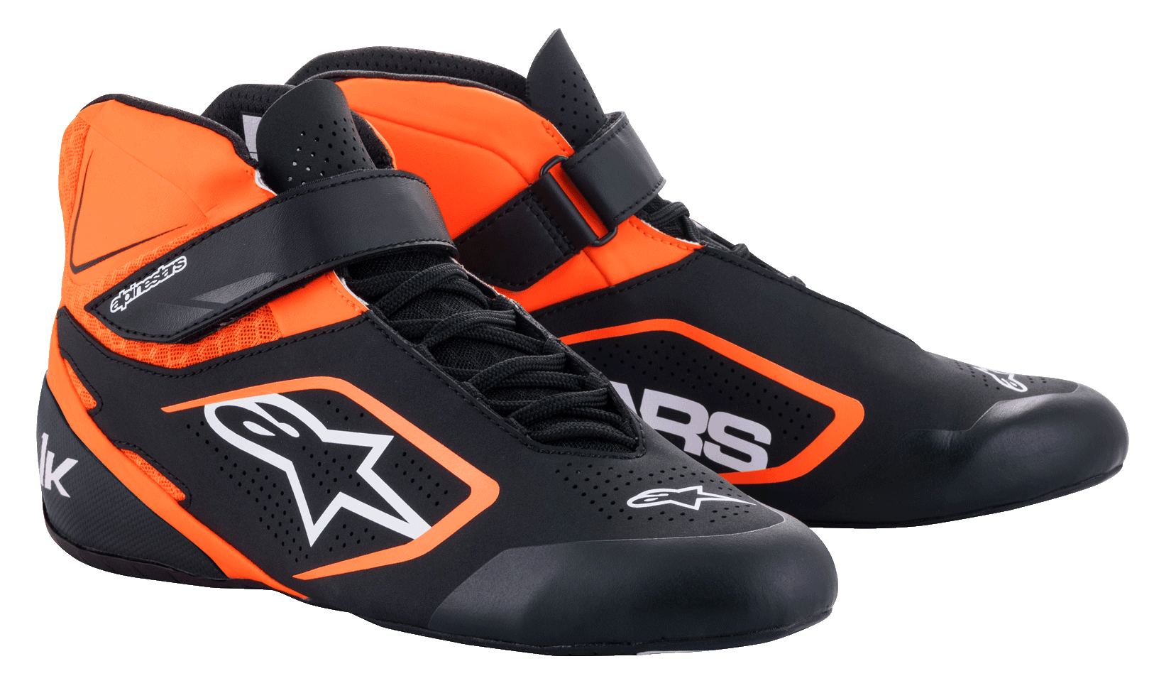 Alpinestars Tech-1 K V2 Karting Shoes in Black and Orange Fluo, featuring breathable perforated microfiber.