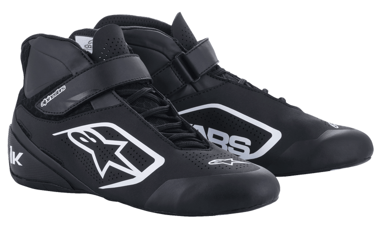 Alpinestars Tech-1 K V2 Shoes, Black and White Karting Racing Shoes, High-Top Design with Perforated Microfiber Ventilation, Dual Closure with Laces and Hook-and-Loop Strap, Bold White Logo, Motorsport Performance Footwear