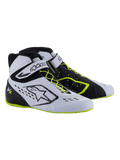 Alpinestars Tech-1 KX V3 Shoes - FIA, Karting Shoes, Black White and Yellow Fluo, high-performance racing footwear with asymmetric lacing, velcro ankle strap, neon yellow accents on the laces and sole, and breathable laser-cut panels