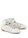 Alpinestars Tech-1 Z V3 Shoes FIA, White Green Gum Silver racing shoes, perforated bovine leather upper, speed lacing system with green logo strap, thin gum rubber sole for pedal feel, professional motorsport footwear