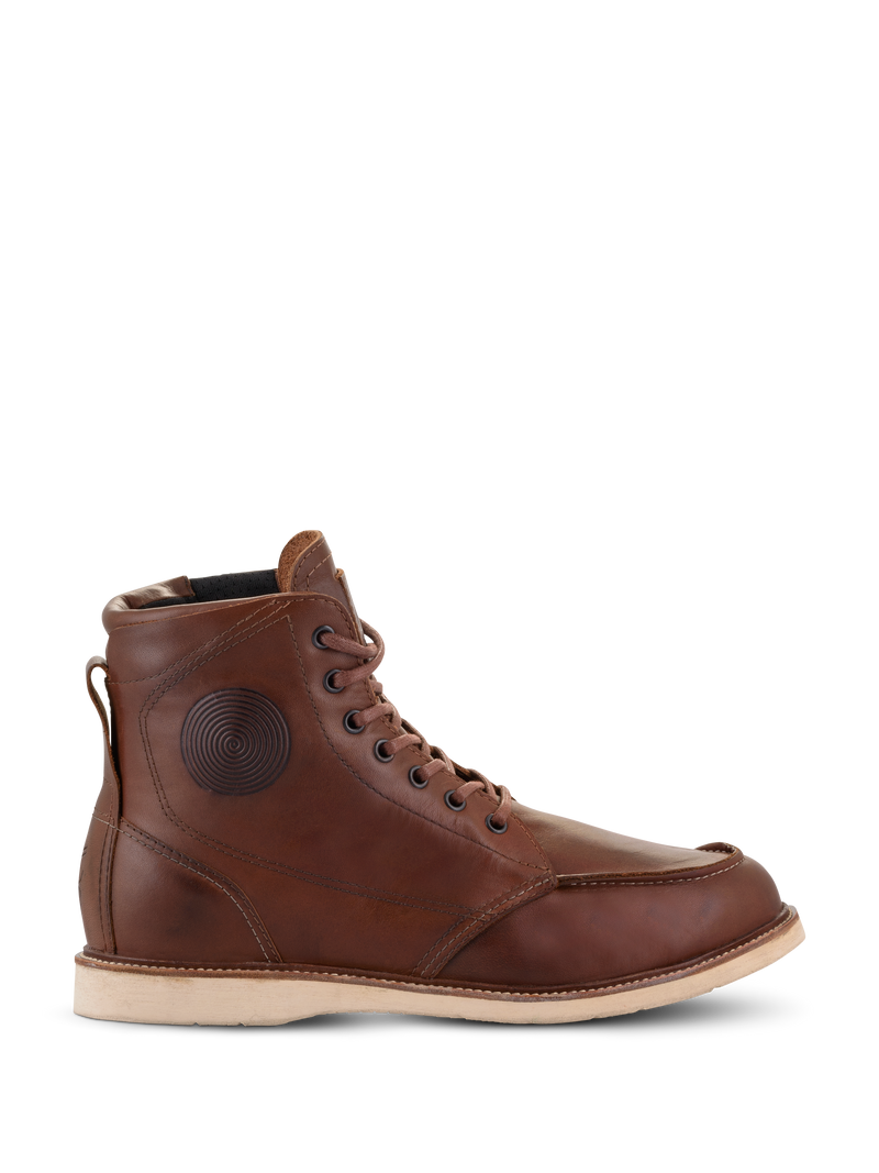 Alpinestars Oscar Monty V2 Shoes, Brown Leather Motorcycle Boots, White Wedge Sole, Moc Toe, Circular Embossed Ankle Detail, Heritage Urban Riding Footwear