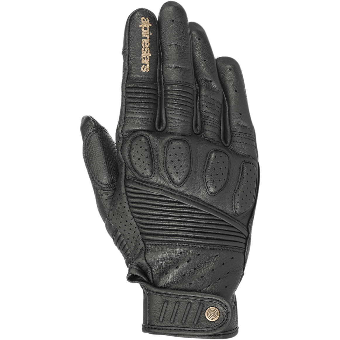Alpinestars Crazy Eight Gloves, Black Leather Motorcycle Gloves, featuring accordion stretch panels on fingers and backhand, perforated knuckle padding, tan Alpinestars logo on index finger, and adjustable hook-and-loop wrist strap with circular logo detail.