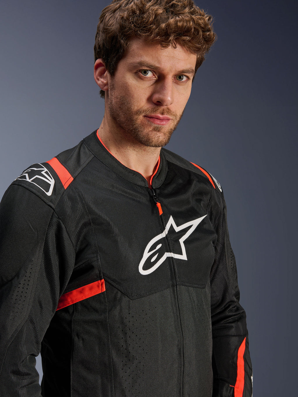 Alpinestars T-SPS Air V2 Men's Mesh Motorcycle Jacket, Black and Red Fluo, Tech-Air Ready, worn by model.