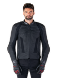 Alpinestars Missile V3 Leather Jacket, Black Motorcycle Racing Jacket, worn by model with matching black gloves and pants, featuring perforated leather for ventilation, external shoulder sliders, and sleek sport riding design
