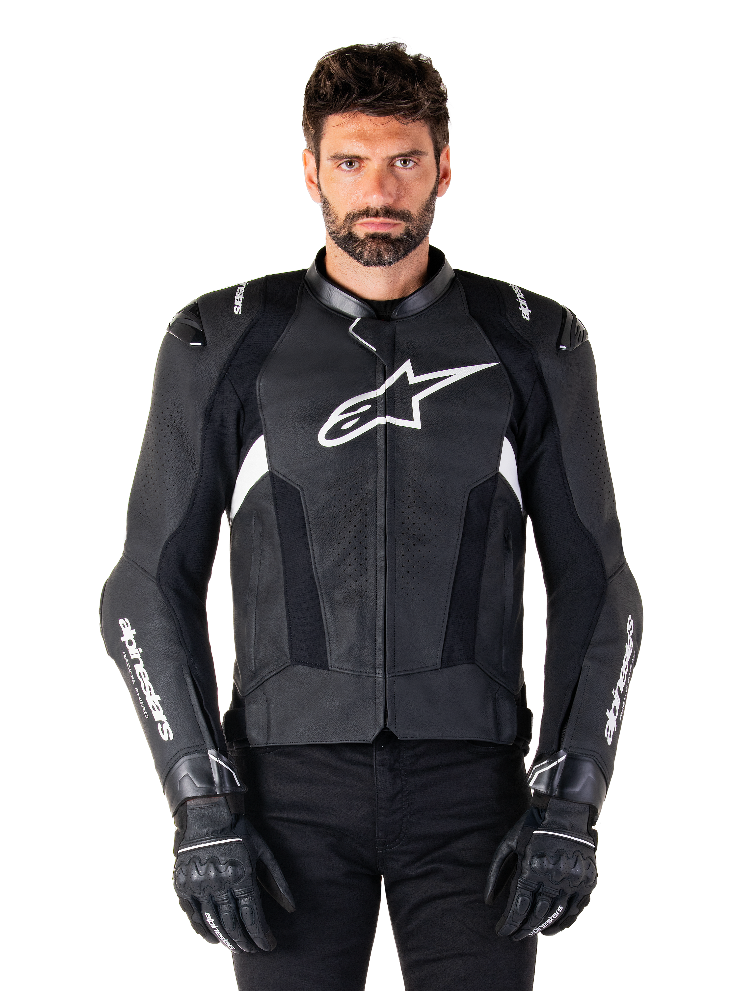 Alpinestars Missile V3 Leather Jacket, Black with White Logos, worn by a model with black riding gloves, premium leather motorcycle racing jacket with perforated ventilation panels and performance riding features