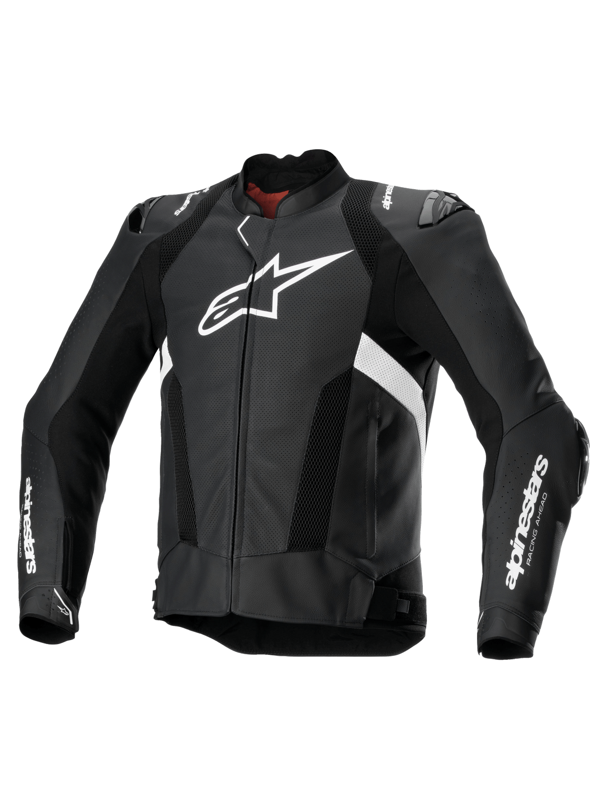 Alpinestars Missile V3 Airflow Leather Jacket, men's perforated racing sport motorcycle jacket in black and white, premium bovine leather with shoulder and elbow armor and Tech-Air compatibility