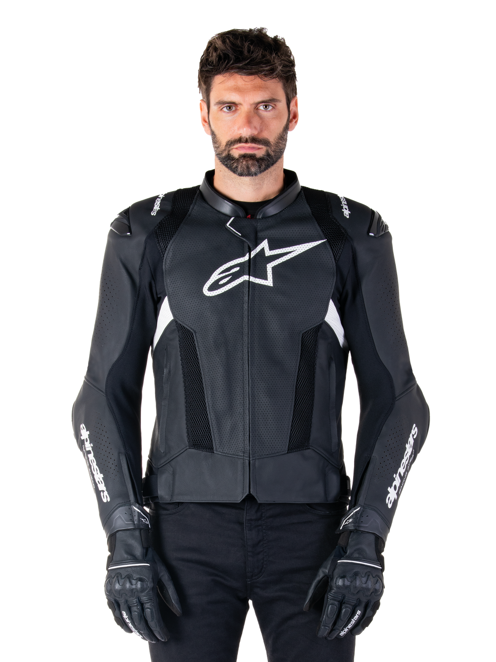 Alpinestars Missile V3 Airflow Leather Jacket, Black and White, motorcycle racing jacket with perforated leather ventilation panels, large white star logo on chest, worn with matching gloves, sporty protective design
