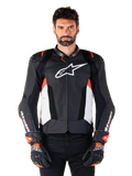 Alpinestars Missile V3 Airflow Leather Jacket, Motorcycle Racing Jacket, Black and White with Red Fluo accents, perforated ventilation panels, white star logo on chest, worn with black and red gloves, premium leather construction