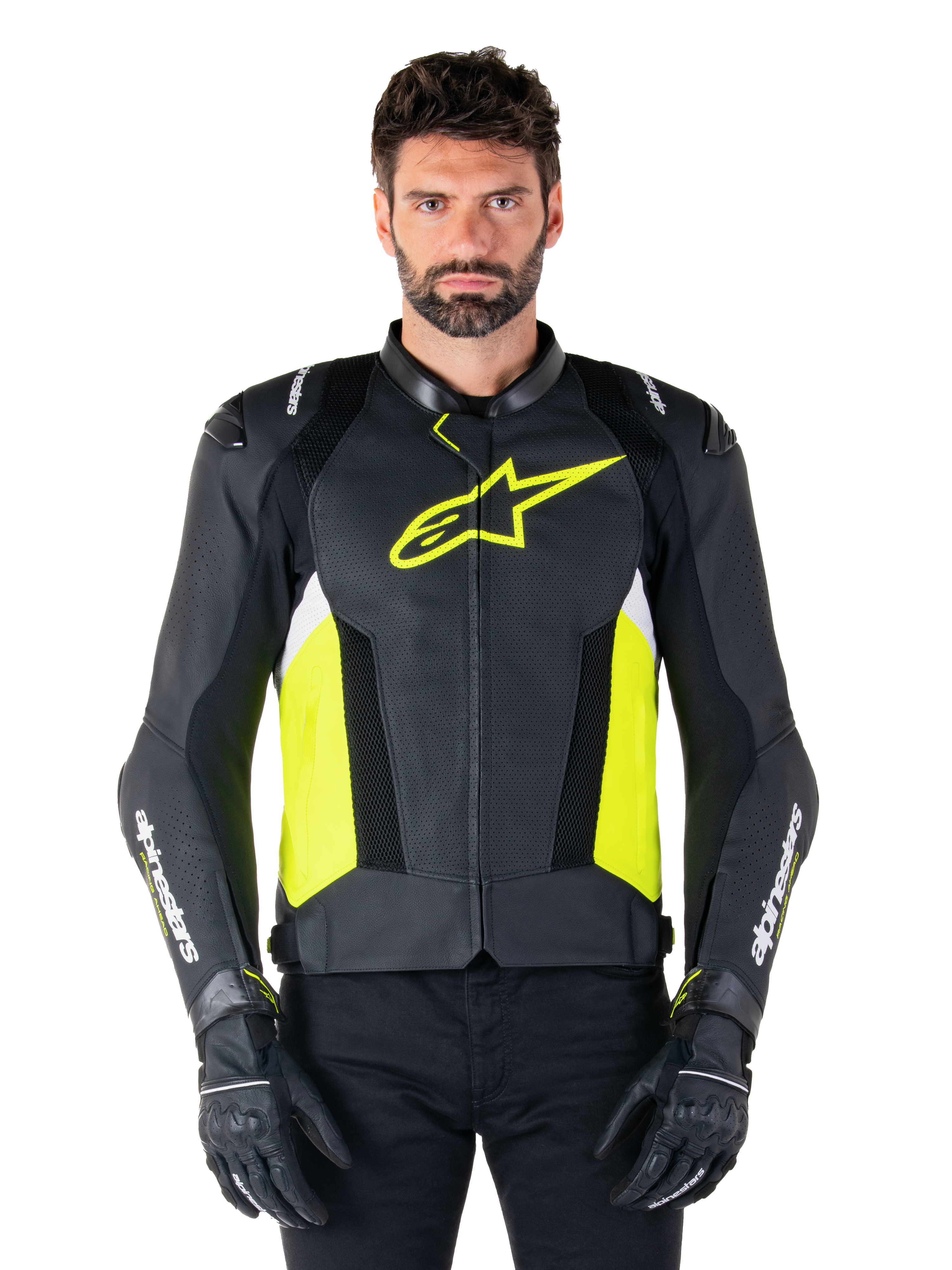 Alpinestars Missile V3 Airflow Leather Jacket, Racing Sport Motorcycle Jacket, Black Yellow Fluo and White, worn by a model with black riding gloves, featuring perforated leather on the chest, bold yellow fluo logo, and white branding on the sleeves