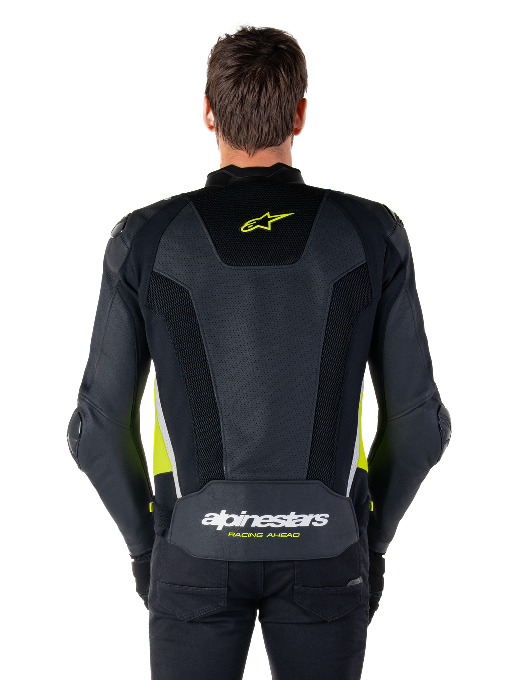 Alpinestars Missile V3 Airflow Leather Jacket, back view, black with fluo yellow and white accents, extensive perforated leather panels for cooling, Alpinestars branding on the upper and lower back, racing-inspired motorcycle sport jacket