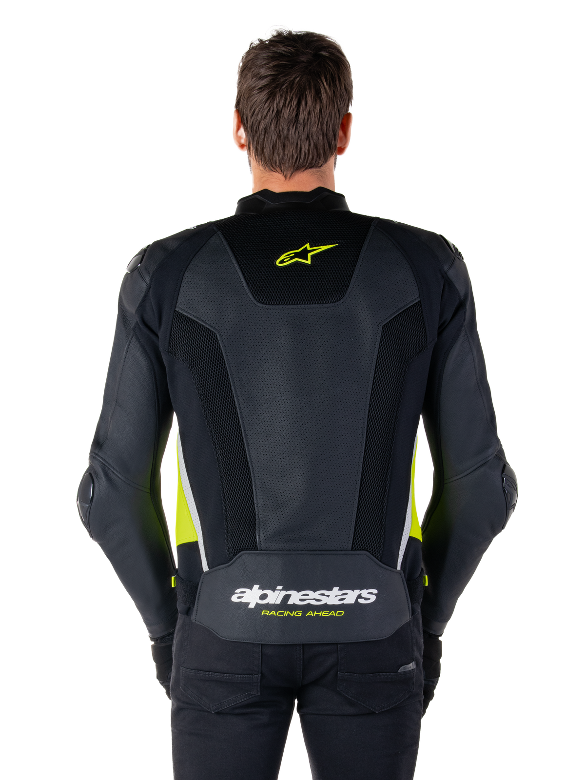 Alpinestars Missile V3 Airflow Leather Jacket, back view, black with fluo yellow and white accents, extensive perforated leather panels for cooling, Alpinestars branding on the upper and lower back, racing-inspired motorcycle sport jacket