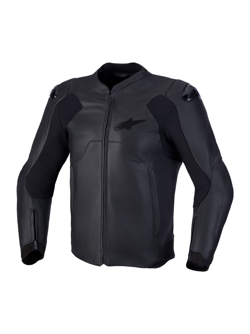 Alpinestars Caliber V2 Leather Jacket, Black men's motorcycle sport jacket with CE AA rating, full-grain bovine leather construction, and DFS shoulder armor