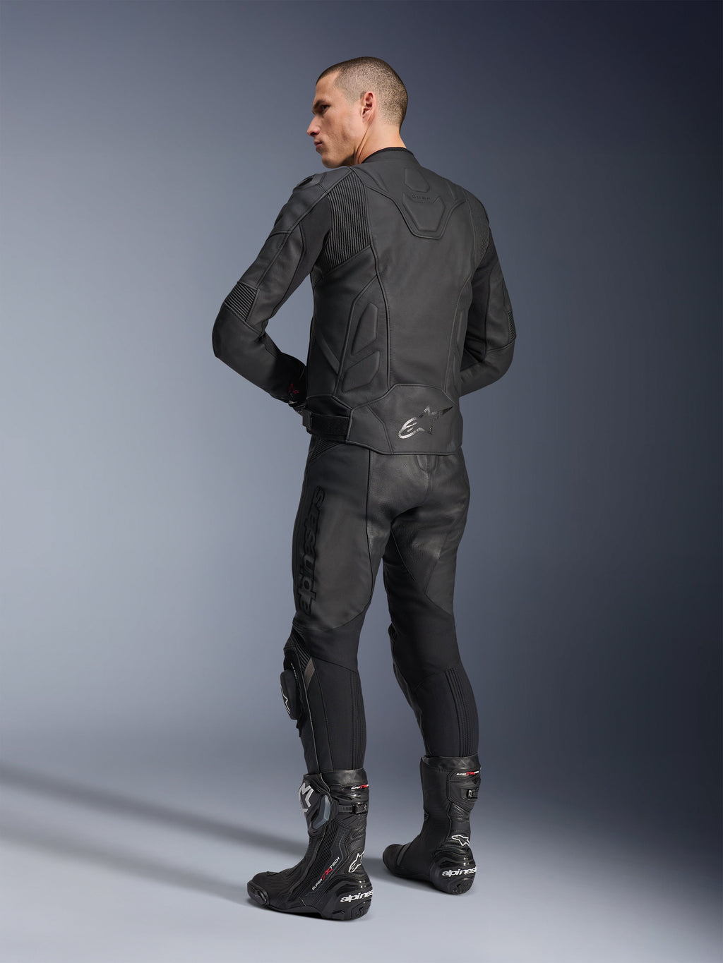 Alpinestars Dusk Leather Jacket, Men's Black Motorcycle Racing Jacket, Bovine Leather, Tech-Air Ready, Rear Model View.