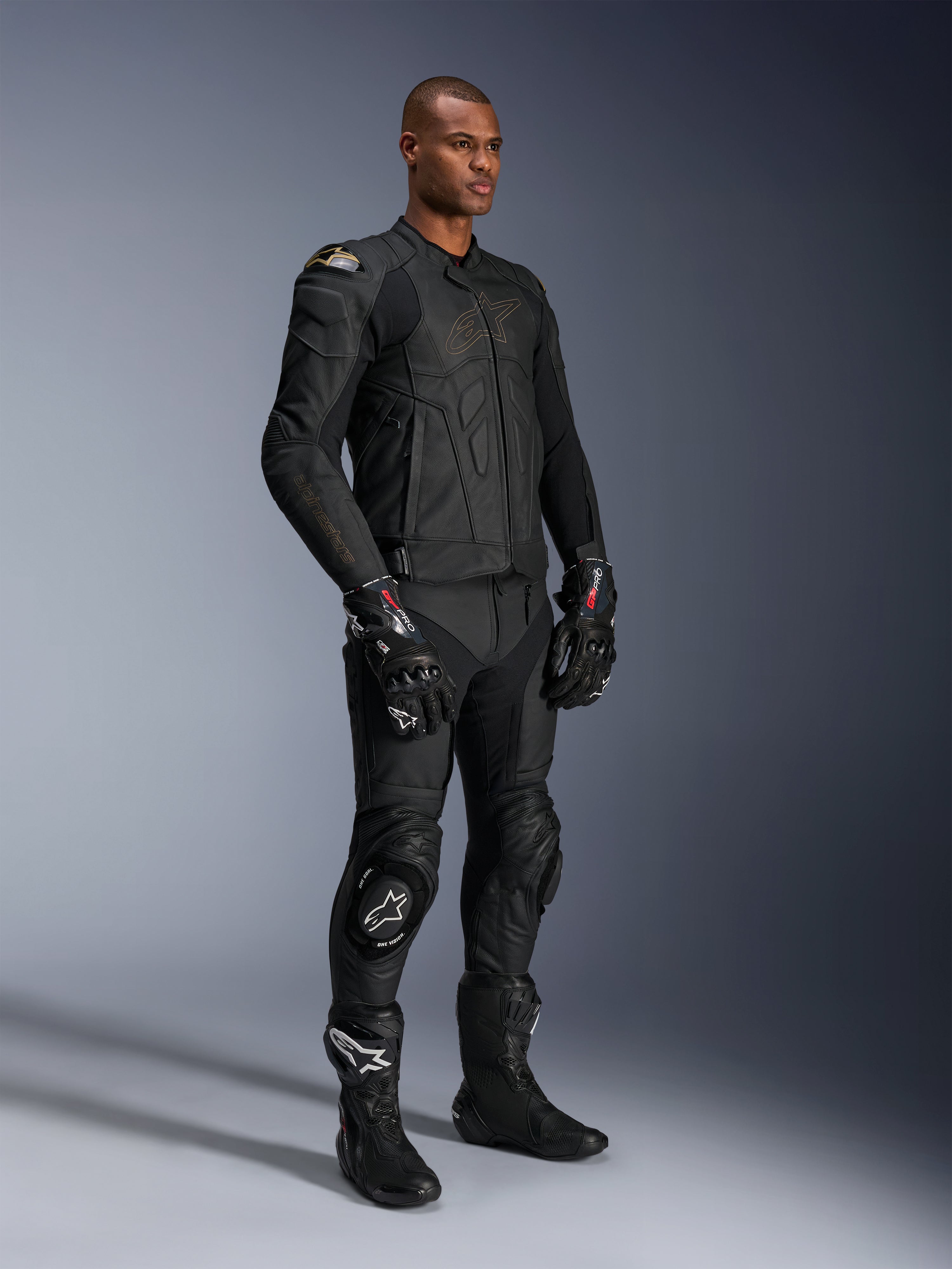 Alpinestars Dusk Leather Jacket, men's black leather motorcycle racing jacket with external DFS shoulder protection.