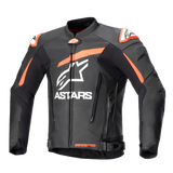 Alpinestars GP Plus V4 Leather Jacket, Motorcycle Racing Jacket, Black with Red Fluo and White accents, featuring large white ASTARS branding on the chest, external shoulder sliders, and a structured leather design for high-performance riding