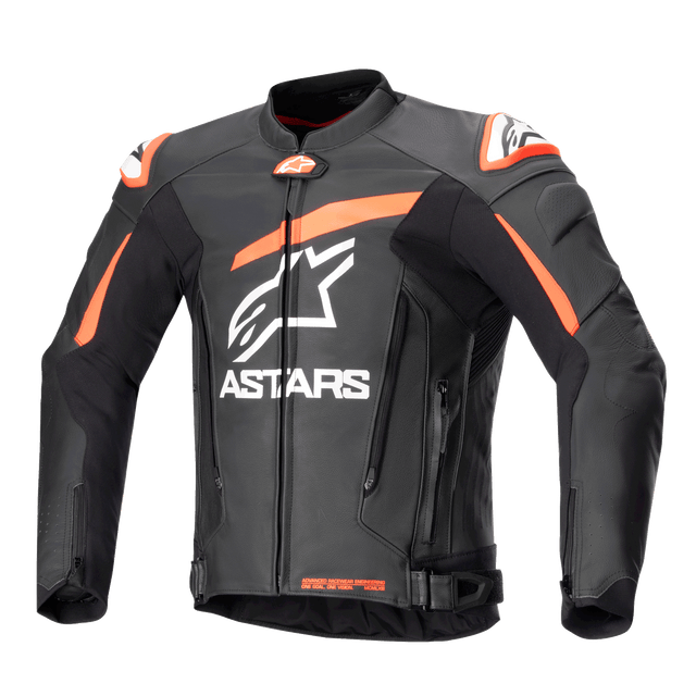Alpinestars GP Plus V4 Leather Jacket, Motorcycle Racing Jacket, Black with Red Fluo and White accents, featuring large white ASTARS branding on the chest, external shoulder sliders, and a structured leather design for high-performance riding