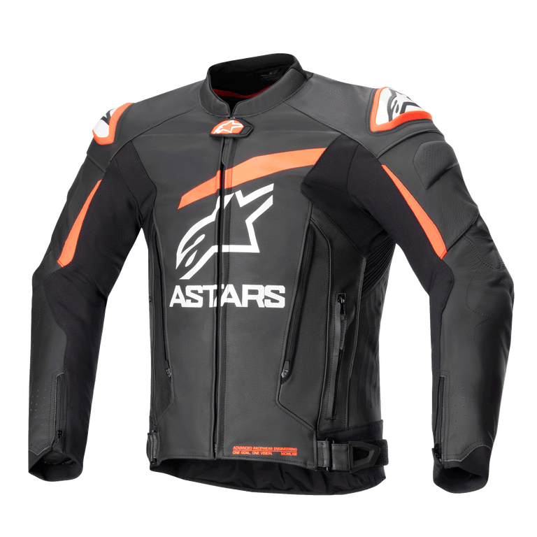 Alpinestars GP Plus V4 Leather Jacket, Motorcycle Racing Jacket, Black with Red Fluo and White accents, featuring large white ASTARS branding on the chest, external shoulder sliders, and a structured leather design for high-performance riding